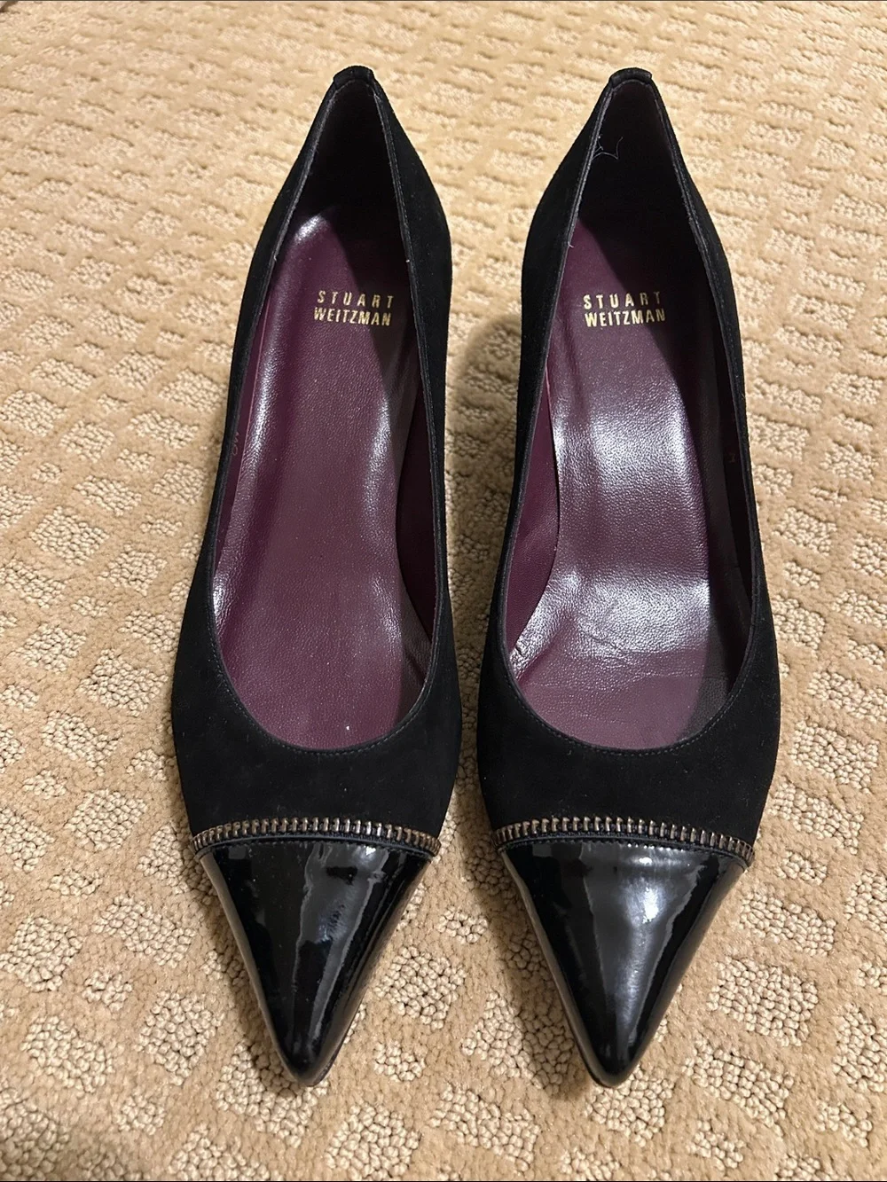 Stuart Weitzman Black Suede & Patent Pointed Toe Kitten Heel Pumps Sz 8